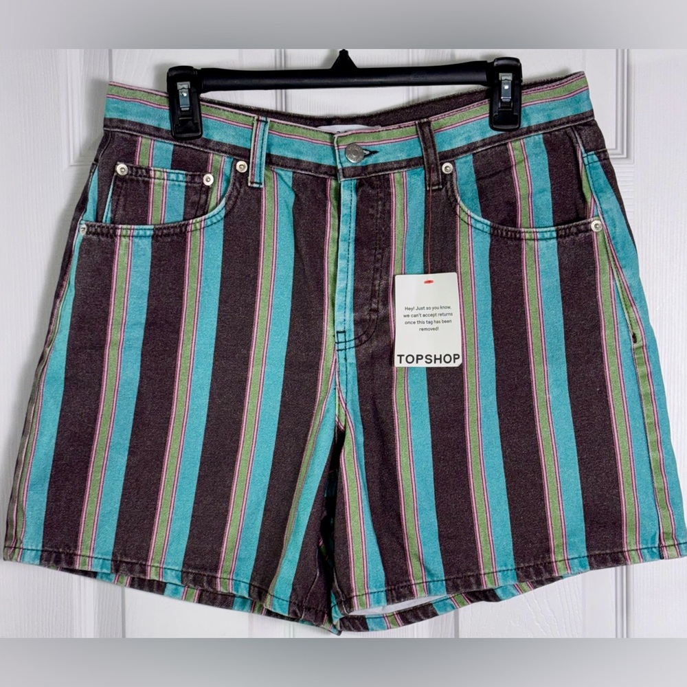 Topshop Retro Stripe Denim Shorts Womens US 10 NWT High Waist Festival 90s